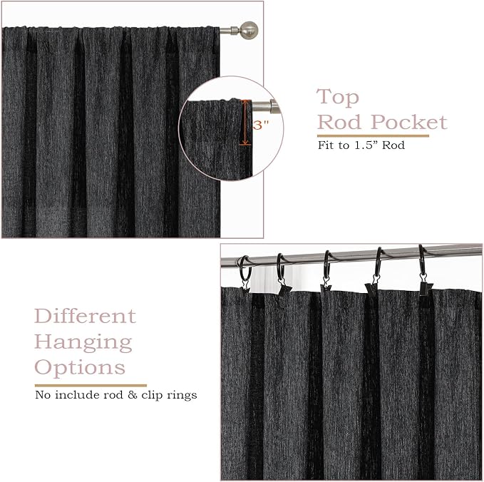 Simplebrand Black Faux Linen Textured Semi Sheer Curtains 108 Inches Long 2 - Image 3