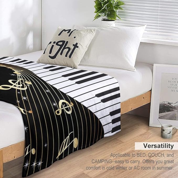 Music Note Blanket Black White Piano Keys Gold Music Note Soft Cozy Lightweight - Image 3