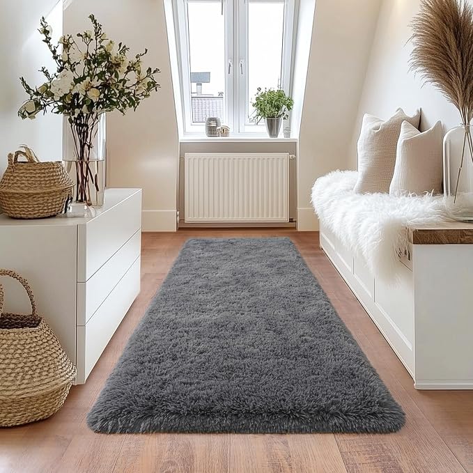 Deep Grey Runner Rug for Hallway, Bedroom Bedside Plush Rugs, Non Slip Fluffy - Image 4