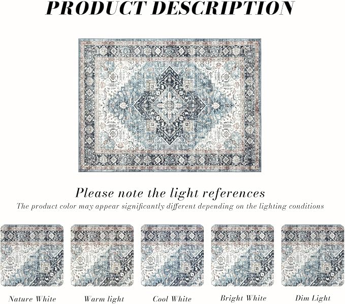 Area Rug 8×10, Large Vintage Boho Rug, Ultra-Soft Low Pile, Non Slip, Stain - Image 3