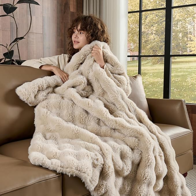 Lotus Karen Faux Fur Throw Blanket Linen - Image 3