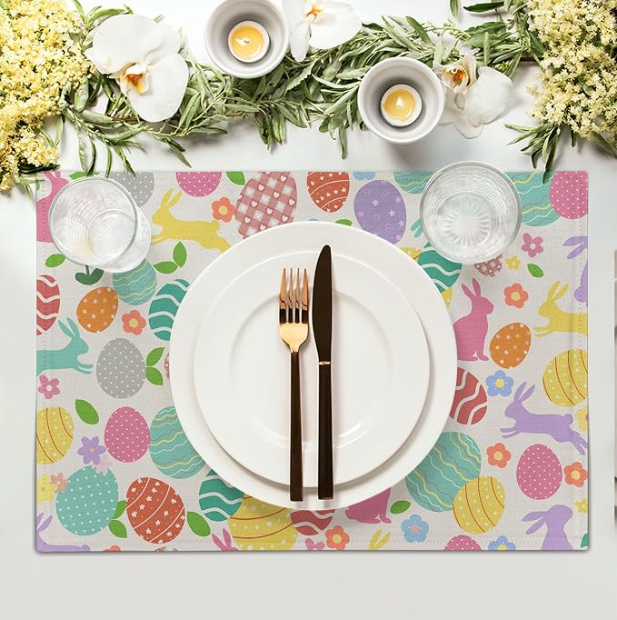 Easter Eggs Bunny Floral Placemats Set of 4 Watercolor Egg Floral Place Mat - Image 3