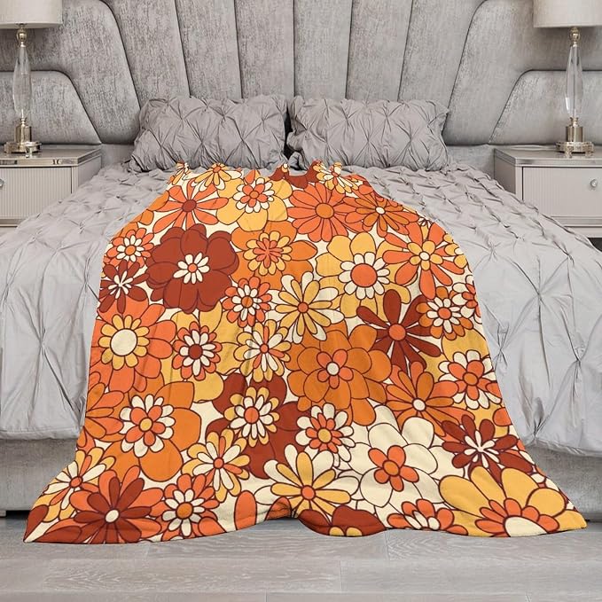 Vintage 70s Throw Blanket, Boho Hippie Bright Orange Flowers Groovy Abstract - Image 7