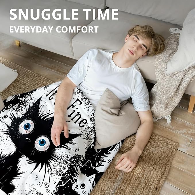 Funny Black Cat Blanket, It's Fine Everything is Fine Funny Throw Blankets - Image 2