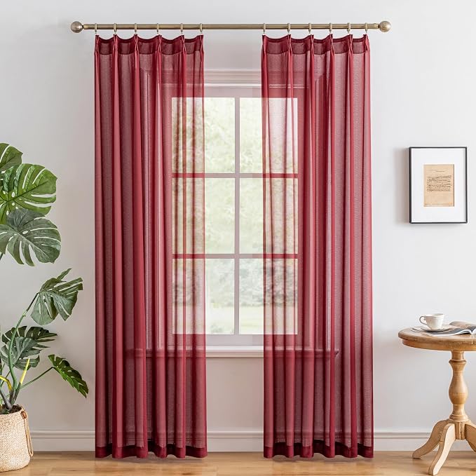 MAIHER Red Pleated Sheer Curtains 90 Inch Length by MAIHER