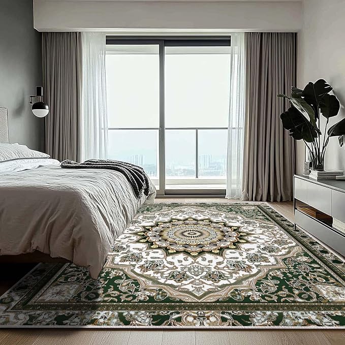 8x10 Traditional Oriental Area Rug White Dark Green Rug Non Slip Low Pile Large - Image 2