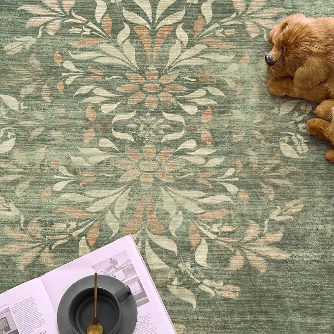 jinchan Round Rug 8ft Area Rugs, Vintage Floral Distressed Design Machine - Image 7