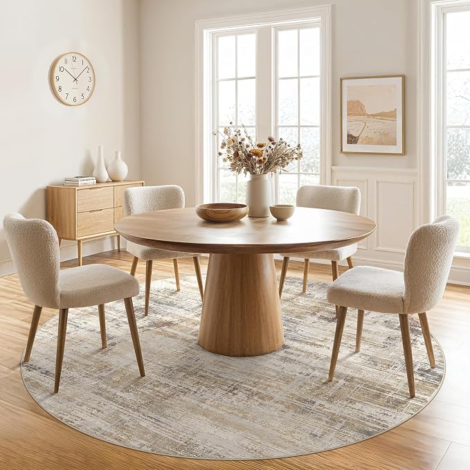 6ft Round Area Rug for Living Room: 6x6 Washable Neutral Abstract Modern Soft - Image 3