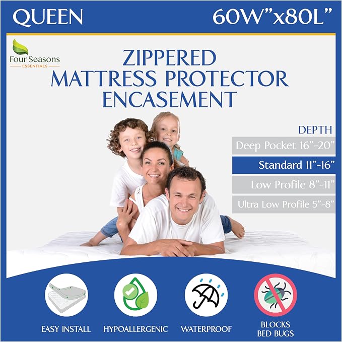 Queen Size Mattress Protector Bedbug Waterproof Zippered Cover Hypoallergenic by FourSeasonsEssentials