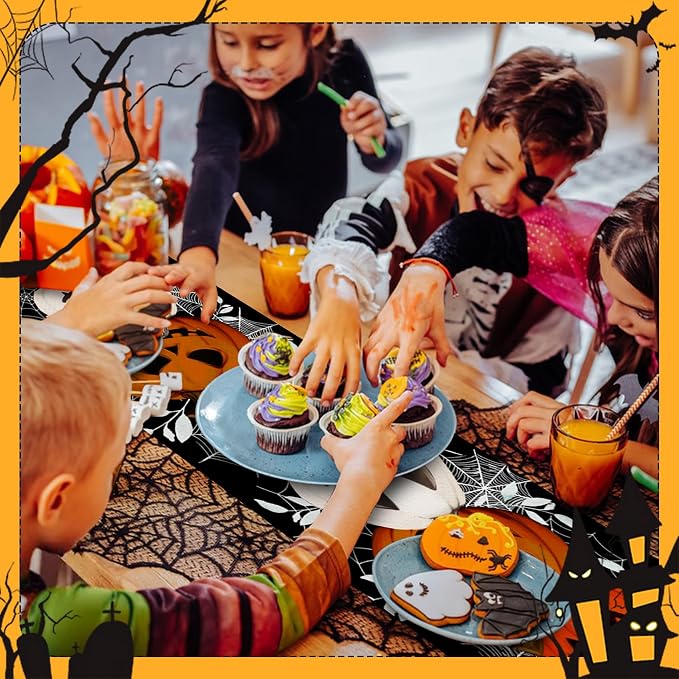 Happy Halloween Table Runner Pumpkin Black Spider Web Fall Kitchen Dining Table - Image 3