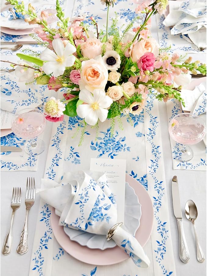 Solino Home Blue Floral Print Table Runner 120 Inches Long - Image 8
