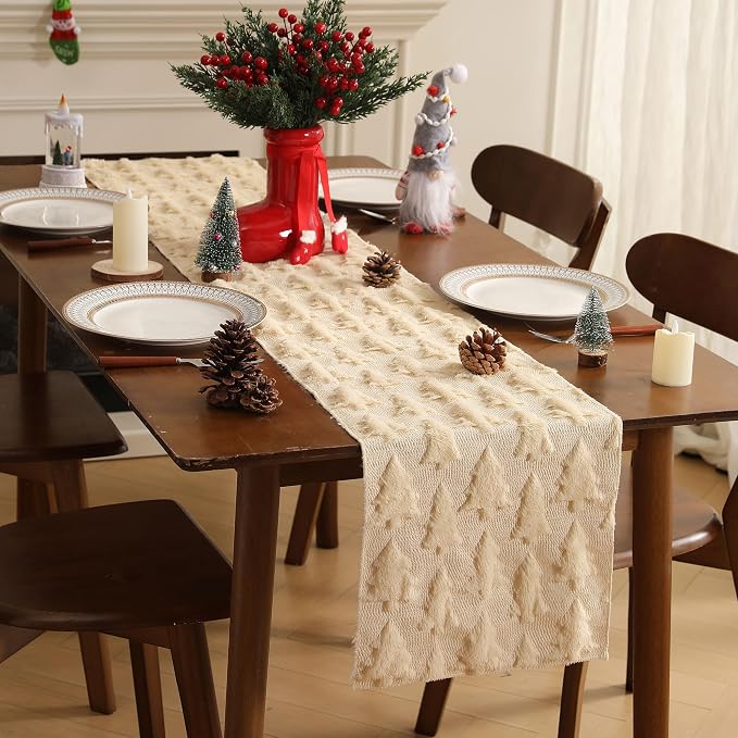 Christmas Tbale Runner 13x120 Inch Soft Plush Faux Fur Jacquard Beige Big Small - Image 6