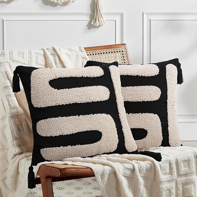 Adabana Black and Beige Pillow Covers 18x18 Decorative Tufted Abstract Throw - Image 5