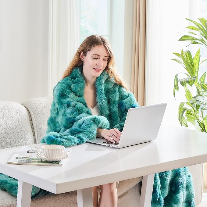Lotus Karen Faux Fur Throw Blanket Tie-Dye Green-Big Bubble Rabbit Fluff Blanket - Image 7