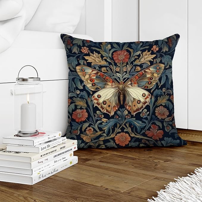 William Morris Abstract Vintage Floral Velvet Butterfly Design Throw Pillow - Image 5