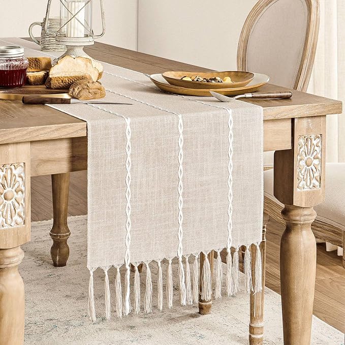ZeeMart Farmhouse Braided Striped Table Runner, Rustic Cream Table Runners 90 - Image 2