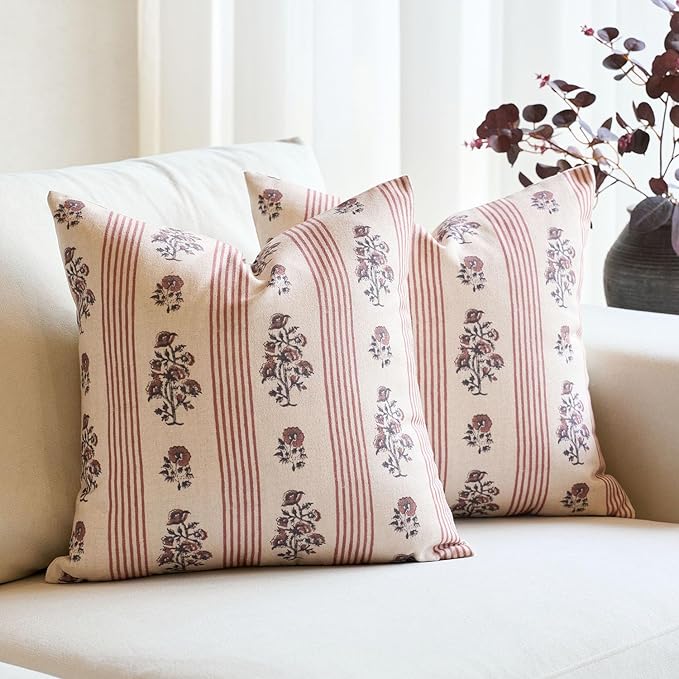 Amor Virisso Floral Throw Pillow Covers 18x18 Set of 2 Block Print Pillow by AffordableFloralPrintMaker