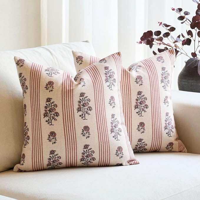 Amor Virisso Floral Throw Pillow Covers 20x20 Set of 2 Block Print Pillow by AffordableFloralPrintMaker