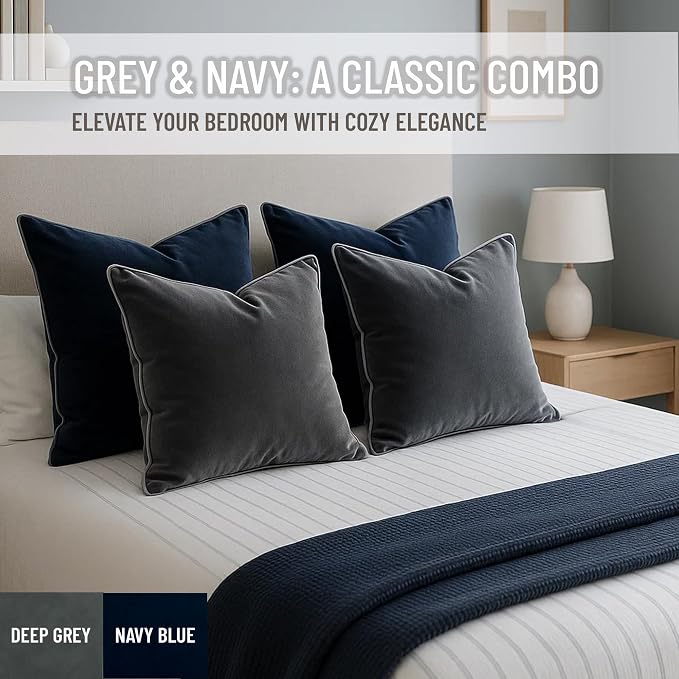 2 Pack Velvet Decorative Throw Pillow Covers, Deep Grey, Contrast Piping - Image 5
