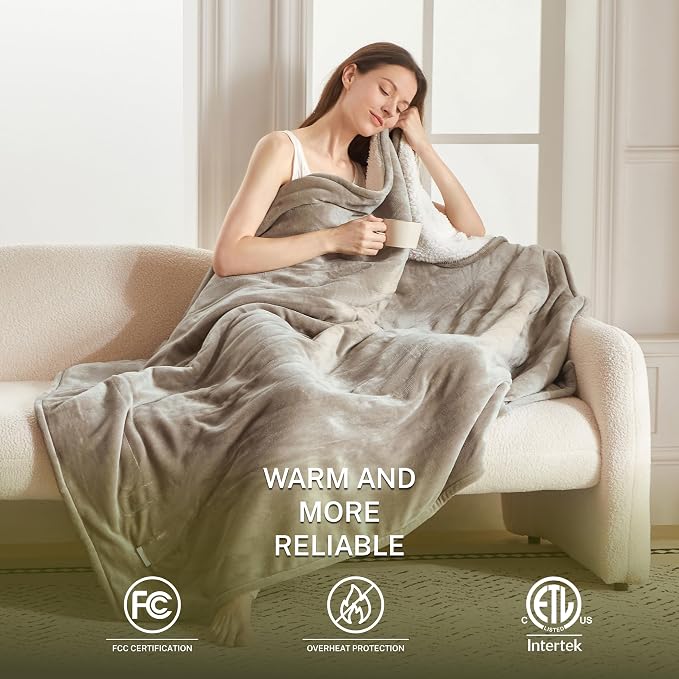 Heat Blanket 50”x60” Throw, Soft Flannel & Sherpa Reversible Electric Blanket - Image 2