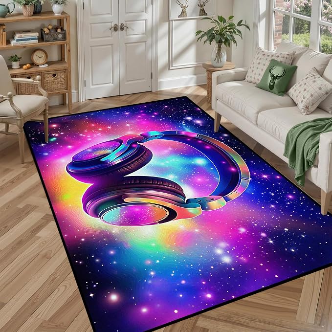 5' X 7' Galaxy Game Area Rug Music Headphone Rugs Colorful Throw Rug Non-Slip by CERYUEE