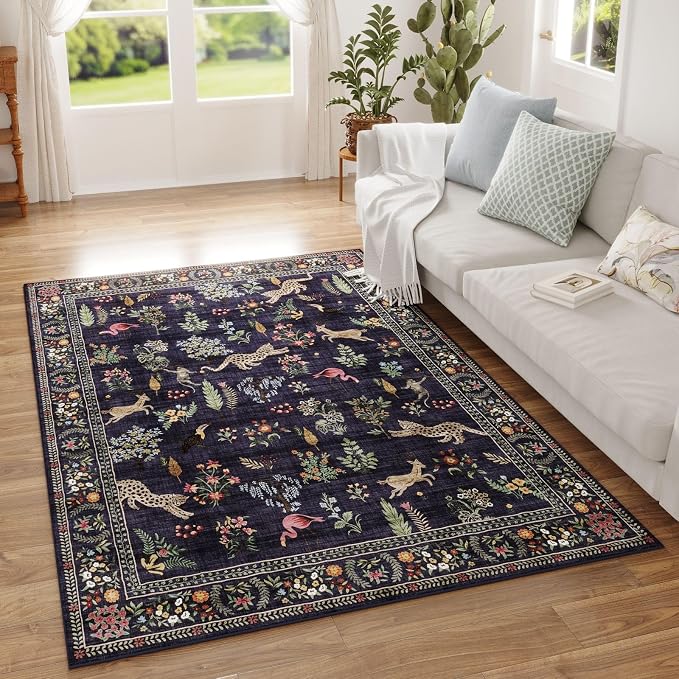 Rugcomf Area Rug 4x6 Rug Washable Boho Rugs Non Slip Low Pile Floral Animal by Rugcomf