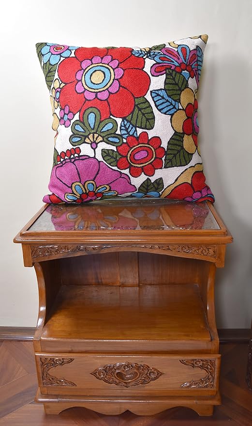Floral Pillow Cover Handembroidered Wool 18x18 - Image 3