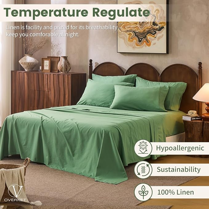 100% Linen Sheets California King Size, Breathable & Durable 4-Piece Bed Flax - Image 5