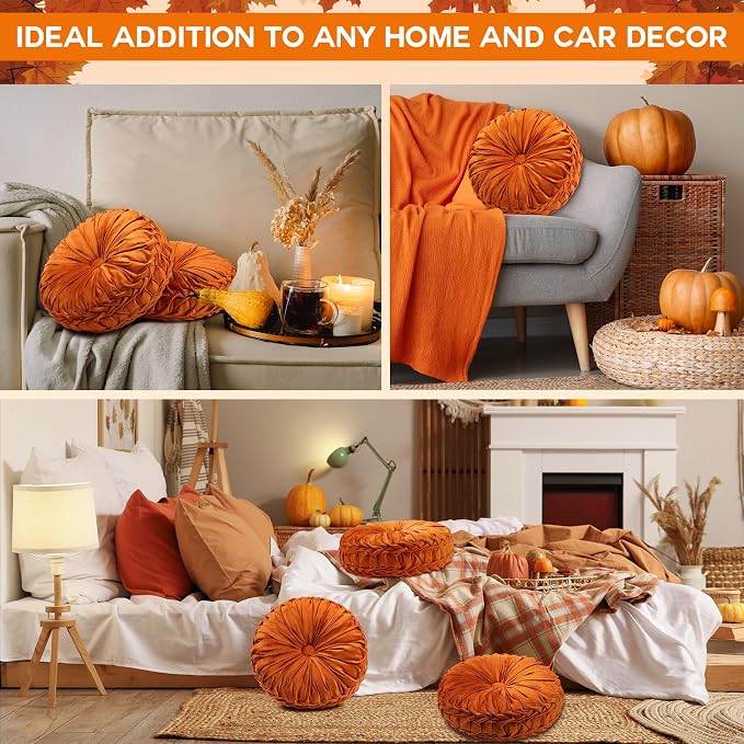 2 Pcs Round Throw Pillows 15 Inch Decorative Velvet Pleated Pumpkin Floor Boho - Image 6