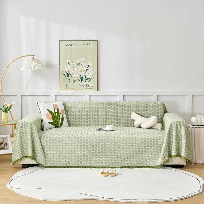 Green Couch Cover Blanket Cute Geometrical Jacquard Washable Sofa Cover by DMLNN