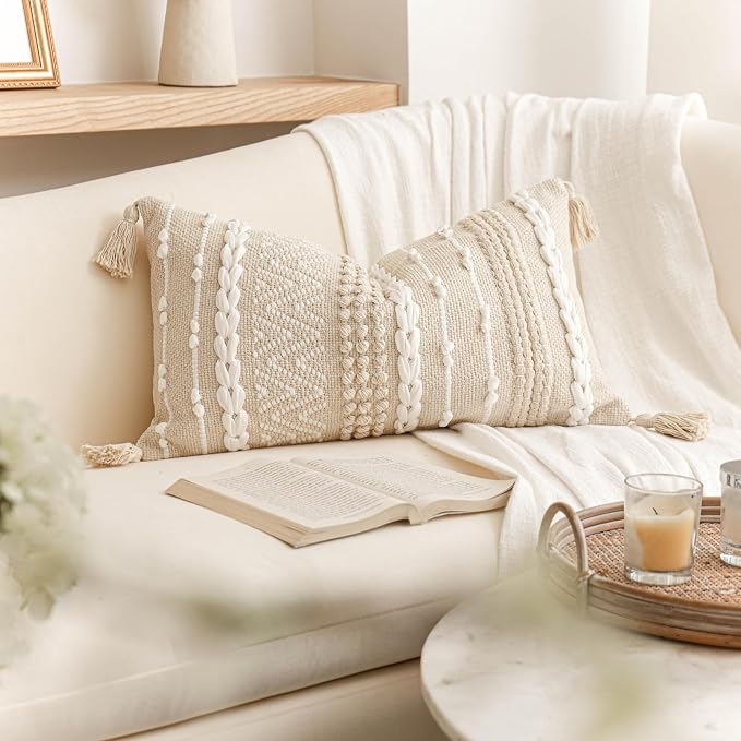 BlissBlush Decorative Lumbar Pillow Cover 14x24, Cream White Boho Accent Throw - Image 9