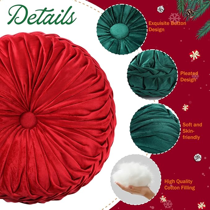 2 Pcs Round Throw Pillows 15 Inch Decorative Velvet Pleated Pumpkin Floor Boho - Image 3