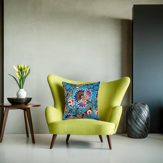Turquoise Floral Pillow Cover Modern Flower Pillowcase Floral Hand Embroidered - Image 2