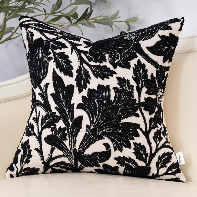 Yangest Chenille Floral Pillow Cover 20 x 20 Inches, Neutral Jacquard Square by Yangest