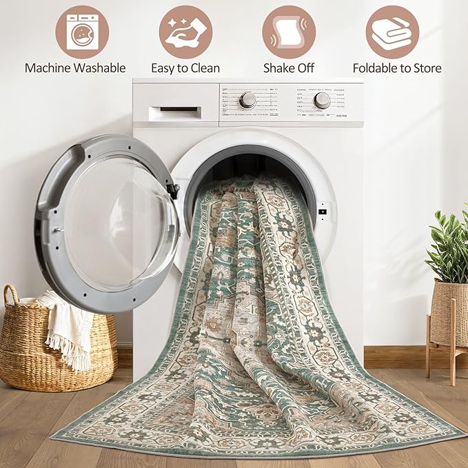 Green Rug Living Room Rugs: 8x10 Washable Boho Large Vintage Soft Stain - Image 2