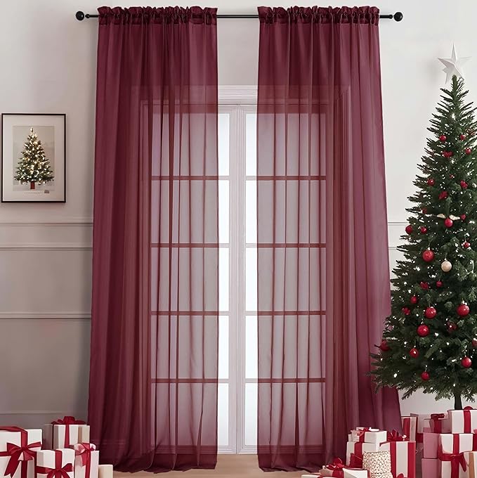 OVZME Burgundy Sheer Curtains 120 Inches Long 2 Panels Set, 59 Inch Extra Wide by OVZME
