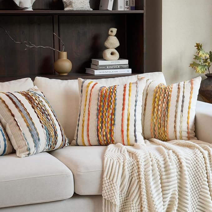 Aeckself Boho Pillow Covers 18x18 Inch Set of 2, Farmhouse Decorative Striped - Image 5