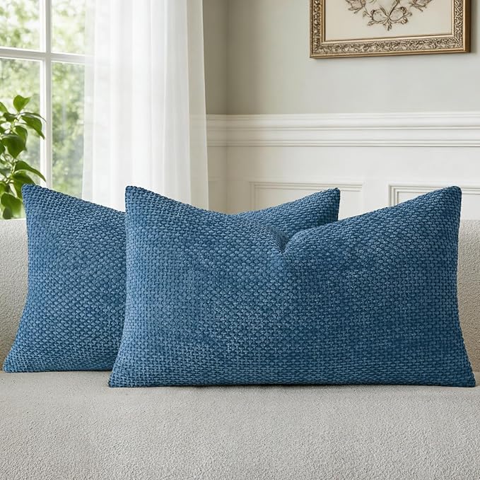a moment Ocean Blue Chenille Throw Pillow Covers 12x20 Inch Pack of 2 Modern by amoment