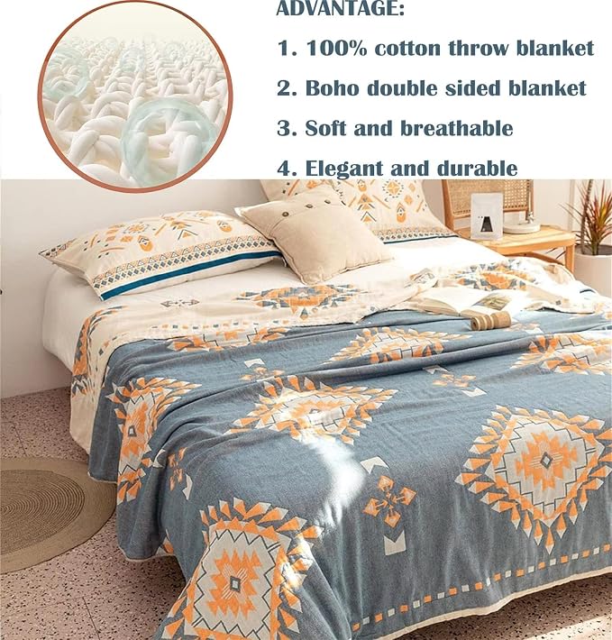 100% Cotton Throw Blankets for Couch Bed Chair Sofa, Cotton Quilt Throw Woven - Image 3