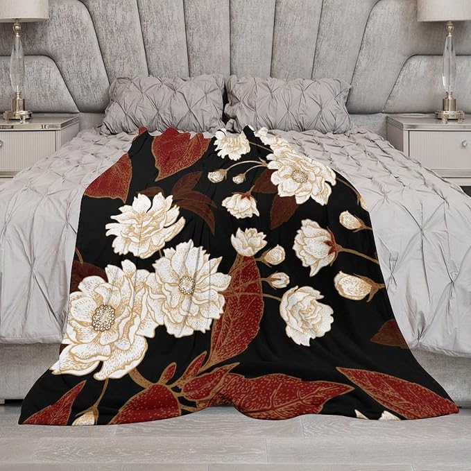 Red Gold Floral Blanket, Boho Dark Flower Leaves Chinese Plum Blossoms - Image 7