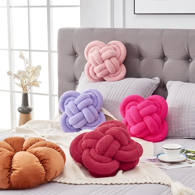 Xiashrk Knot Pillow Ball, Wine Red Knotted Plush Throw Pillow Handmade Square - Image 5