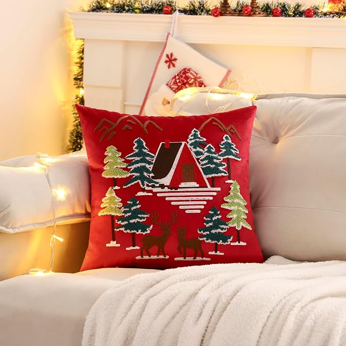 LUOYEHK Red Christmas Pillow Covers 18x18 Set of 2 House and Deer Decorative - Image 4