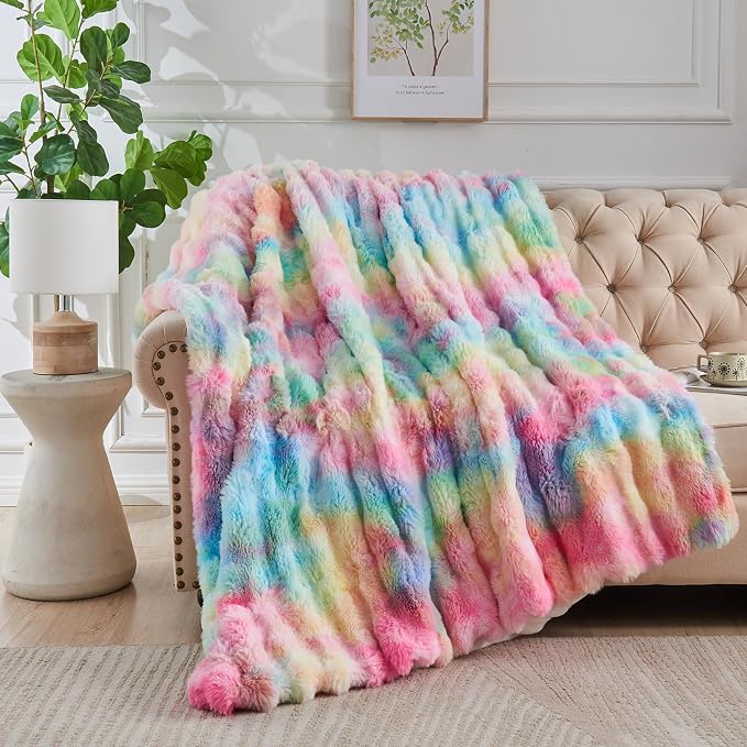 Lotus Karen Faux Fur Throw Blanket Rainbow by LotusKaren
