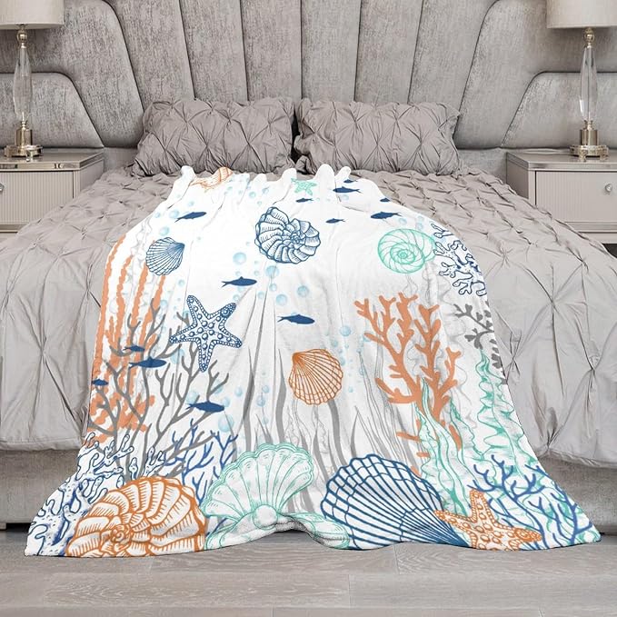 Nautical Coastal Blanket, Starfish Seashell Coral Beach Themed Drapes Ocean - Image 7