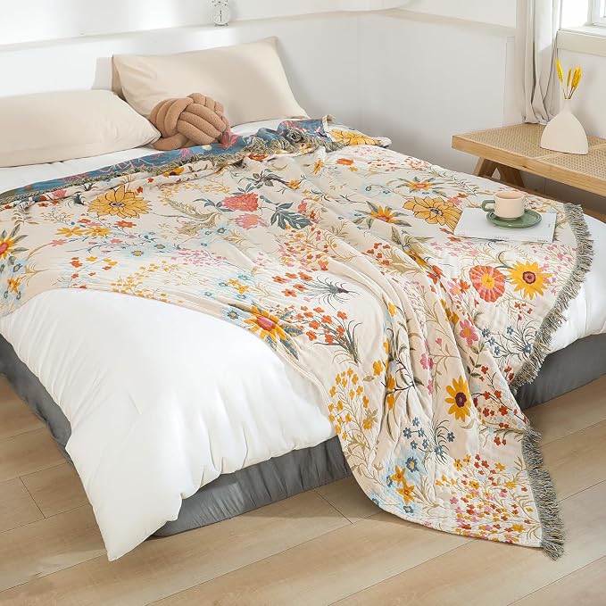 MSGKV Boho Throw Blanket for Couch Chair 100% Cotton Floral Blanket 50"x60" - Image 2
