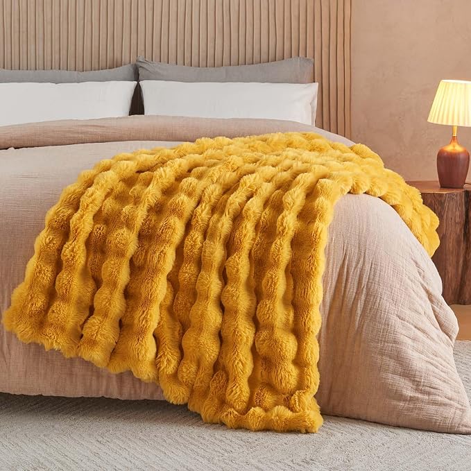 Lotus Karen Faux Fur Throw Blanket Ginger Yellow - Image 4
