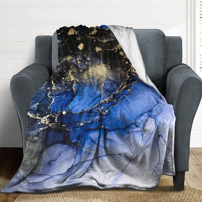 Modern Marble Blanket, Abstract Luxury Baroque Golden Dark Blue Stone Veins - Image 3