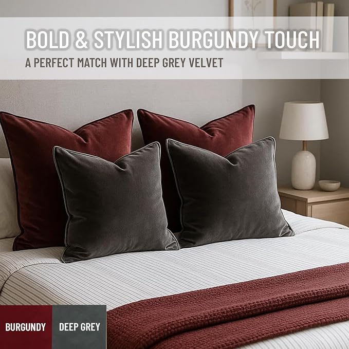 2 Pack Velvet Decorative Throw Pillow Covers, Deep Grey, Contrast Piping - Image 6