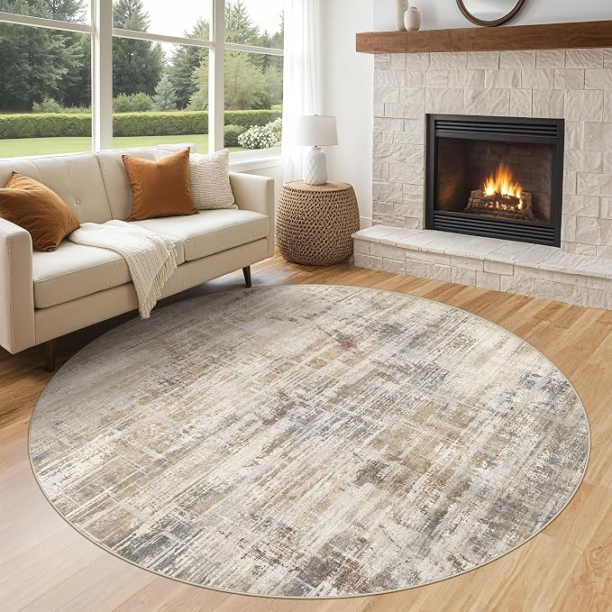6ft Round Area Rug for Living Room: 6x6 Washable Neutral Abstract Modern Soft by UERMEI