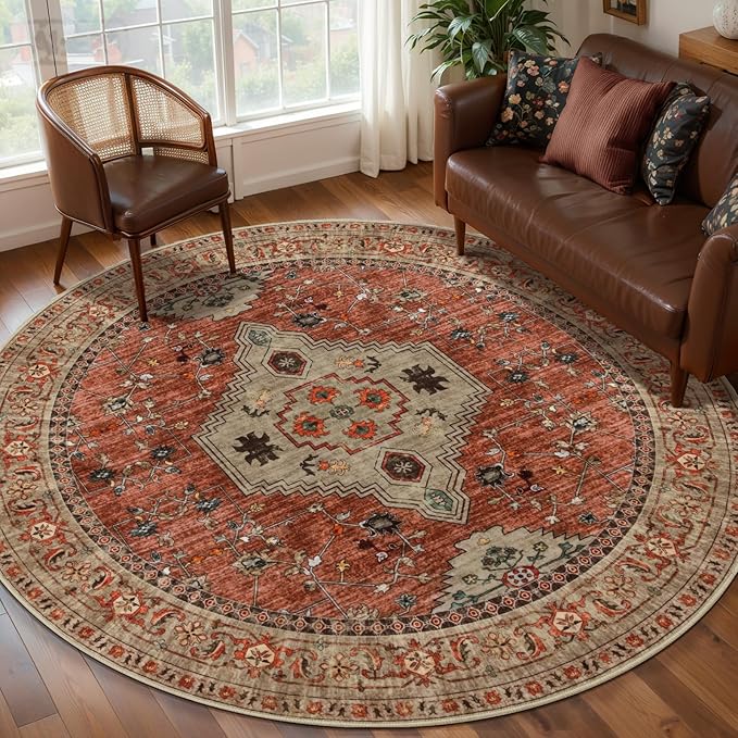 Tangsoo Round Rug 5ft, Washable Circle Rug, Vintage Non Slip Boho Round Area Rug - Image 2